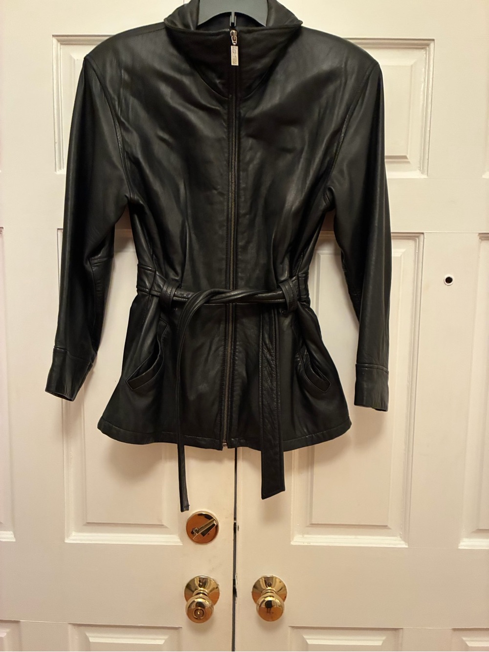 Kenneth Cole Reaction Black 100% Genuine Leather Zip Jacket with Waist Tie